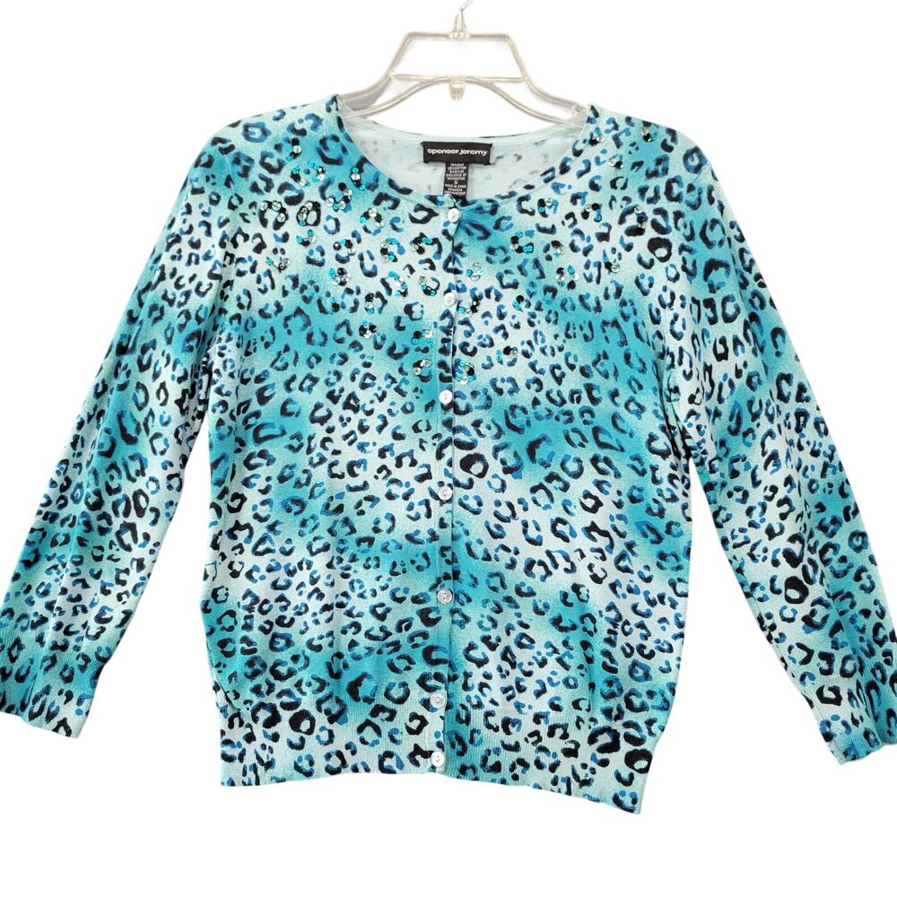 Spenser Jeremy Blue Silk Knit Shirt Leopard Print Sequin 3/4 Sleeve Top Womens S